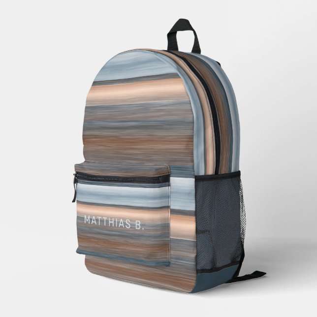Beige Grey Teal Blue Taupe Brown Stripes Art Printed Backpack (Back Corner Right)