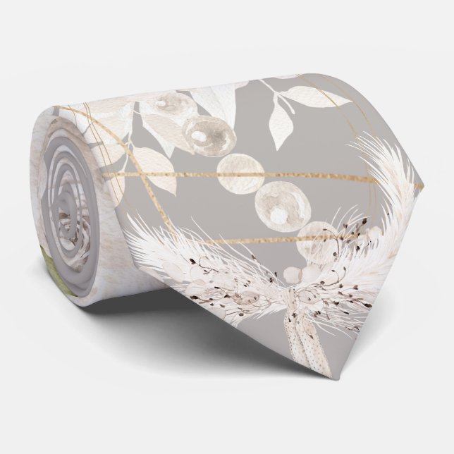 Beige Grey White Floral Weddinig Groom  Tie (Rolled)