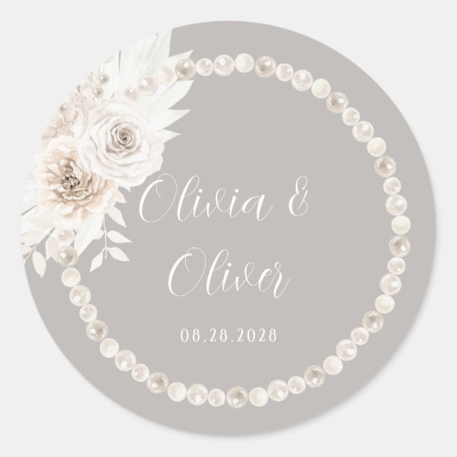 Beige Grey White Pearls Floral Wedding Classic Round Sticker (Front)