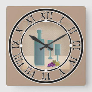Beige grunge retro vintage wine glasses grape polk square wall clock