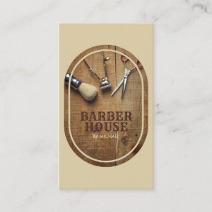 Beige hair stylist Rustic Wooden BarberShop Business Card