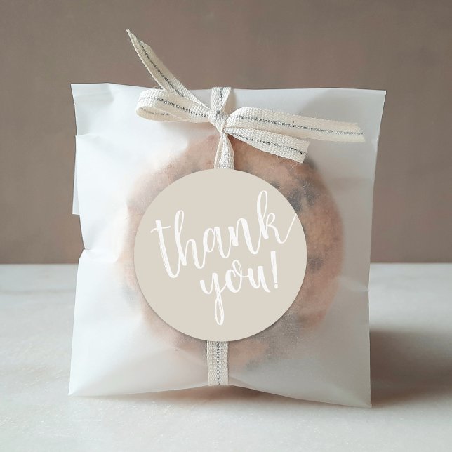 Beige Hand Lettered Script Thank You Classic Round Sticker (Creator Uploaded)