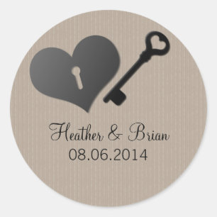 Beige Heart Lock and Key Wedding Stickers