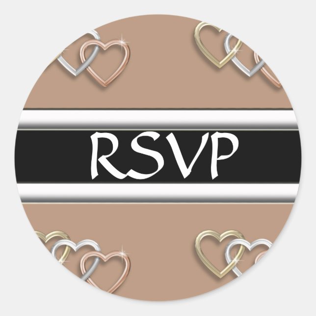 Beige Hearts Of Gold Trio RSVP Wedding Stickers (Front)