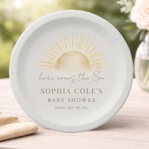 Beige Here Comes The Son Boho Boy Baby Shower     Paper Plate