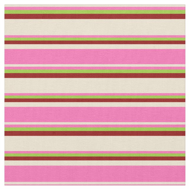 Beige, Hot Pink, Green & Dark Red Stripes Fabric (Close Up)