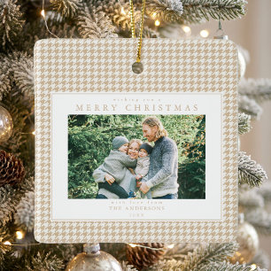 Beige Houndstooth Christmas Photo Ceramic Ornament