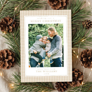 Beige Houndstooth Christmas Photo Holiday Card