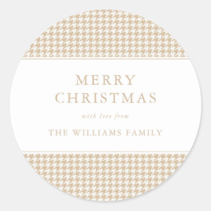 Beige Houndstooth Merry Christmas Classic Round Sticker