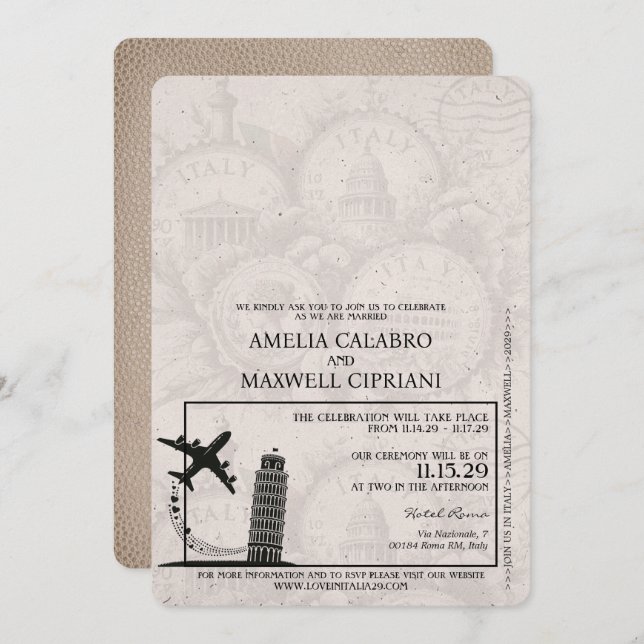 Beige Italy Passport Wedding Invitation (Front/Back)