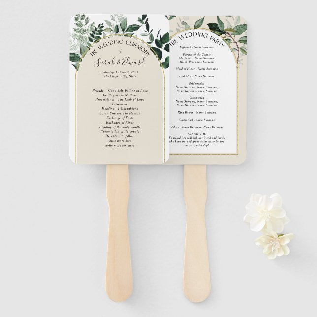 Beige Ivory Boho Arch botanic Wedding program Hand Fan (Front and Back)