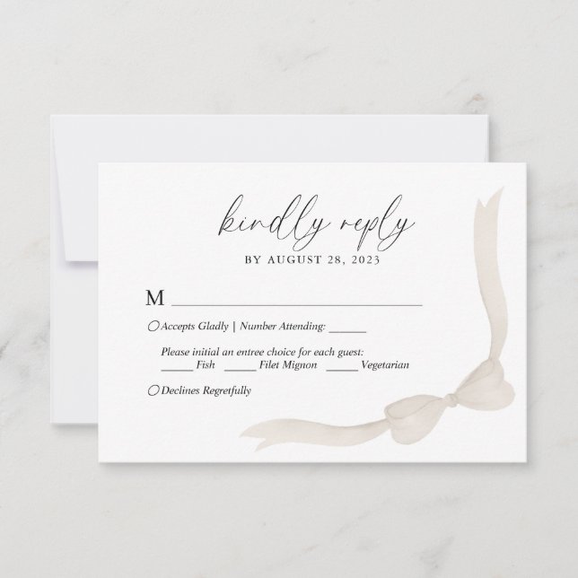 Beige Ivory Bow Ribbon Menu Choice Wedding RSVP (Front)