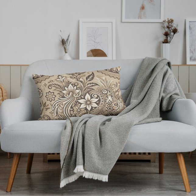Beige Ivory Indonesian Batik Floral Pattern Lumbar Cushion (Creator Uploaded)