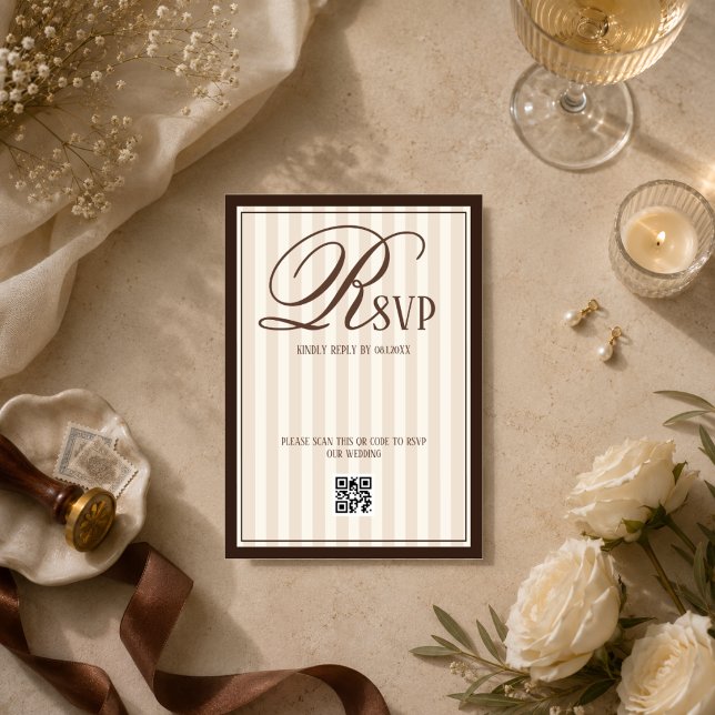 Beige Ivory Striped Luxury Wedding RSVP Card (Creator Uploaded)