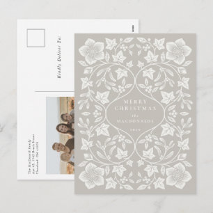 Beige/Ivory Woodcut Winter Botanicals Photo Holiday Postcard