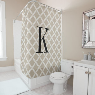 Beige Lattice Large Monogram Farmhouse Bathroom Shower Curtain