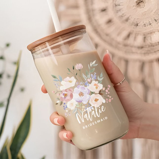 Beige Lavender Watercolor Floral Bridesmaid  Can Glass (watercolor floral bridemaid glass can)