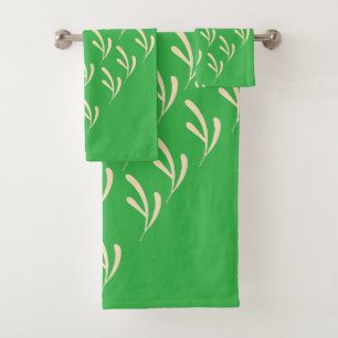 Beige Leaf Repeat Bright Green  Bath Towel Set