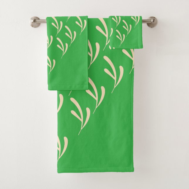 Beige Leaf Repeat Bright Green  Bath Towel Set (Insitu)