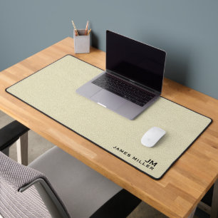 Beige Leather Texture Custom Monogram Name Desk Mat