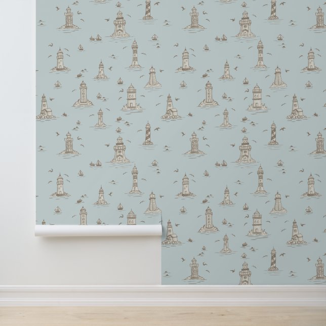 Beige & Light Blue Lighthouse Coastal Toile Wallpaper (Application)