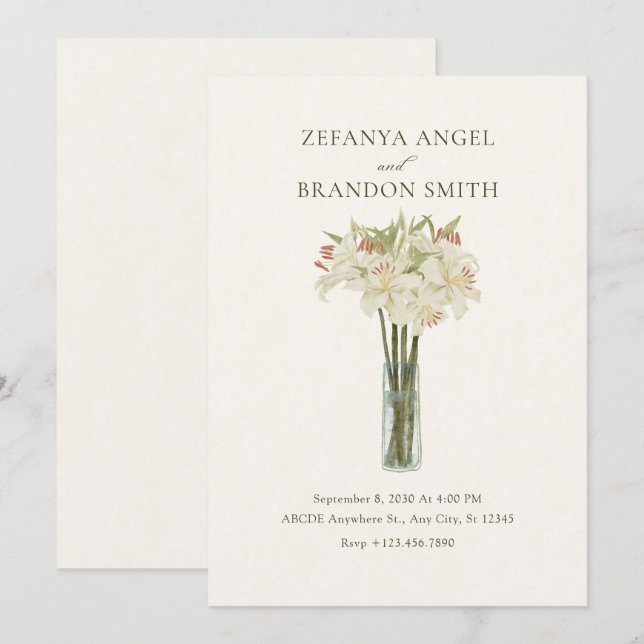 Beige lily flower in vase minimalist wedding  invitation (Front/Back)