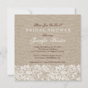 Beige Linen Burlap & White Floral Lace 2 Invite