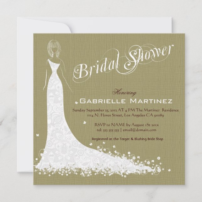 Beige Linen Burlap & White Wedding Dress Invite (Front)