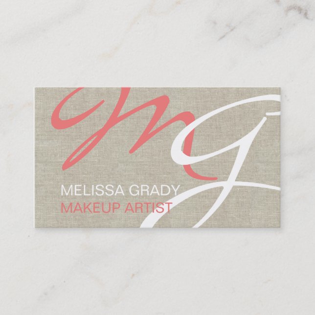 Beige Linen Coral Monogram Modern Business Card (Front)