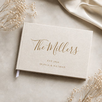 Beige Linen Cream Script Chic Minimalist Wedding Guest Book