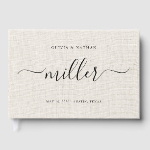 Beige Linen Elegant Script Chic Minimalist Wedding Guest Book