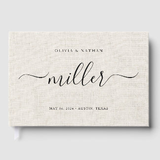 Beige Linen Elegant Script Chic Minimalist Wedding Guest Book