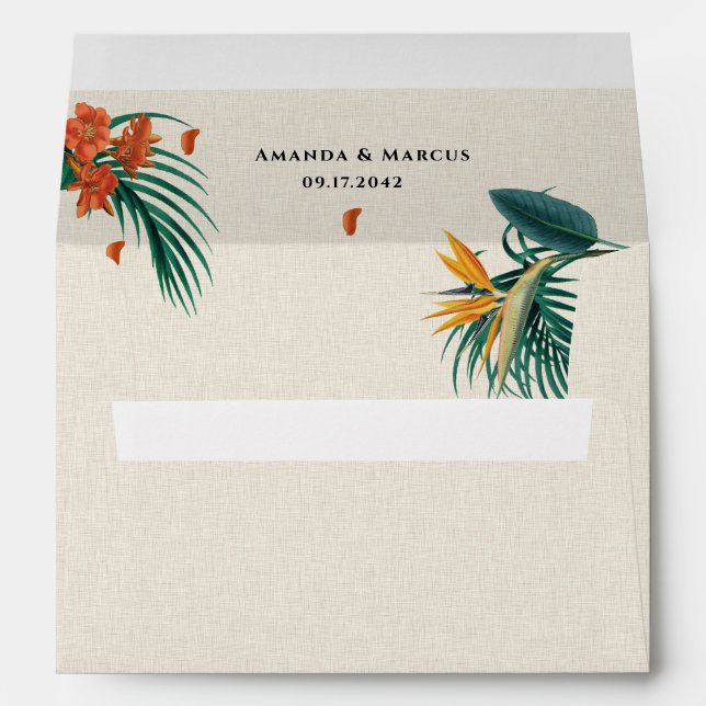 Beige Linen Fancy Tropical Wedding Envelope (Back (Bottom))
