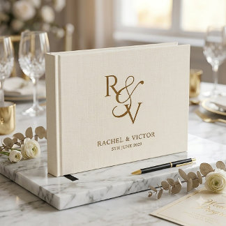 Beige Linen Gold Monogram Typography Chic Wedding Guest Book