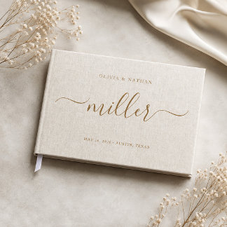 Beige Linen Gold Script Chic Minimalist Wedding Guest Book