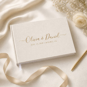 Beige Linen Gold Scripts Chic Minimalist Wedding Guest Book