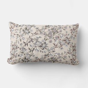 Beige Linen & Gray Elegant Dainty Floral Pattern Lumbar Cushion