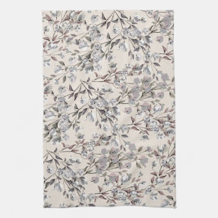 Beige Linen & Gray Elegant Dainty Floral Pattern Tea Towel