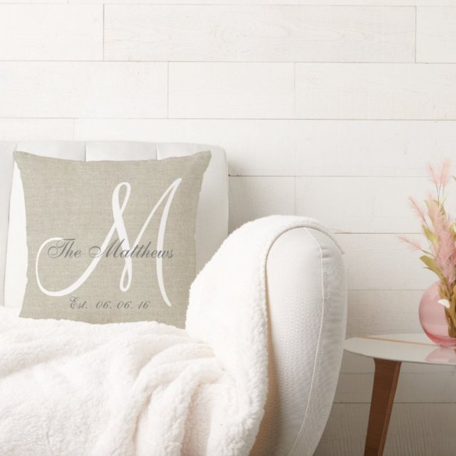 Beige Linen Gray White Monogram Family Keepsake Cushion (Creator Uploaded)