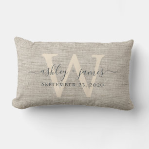 Beige Linen Grey Ivory Monogram Wedding Keepsake Lumbar Cushion