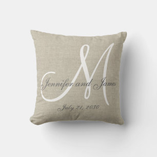 Beige Linen Grey White Monogram Wedding Keepsake Cushion