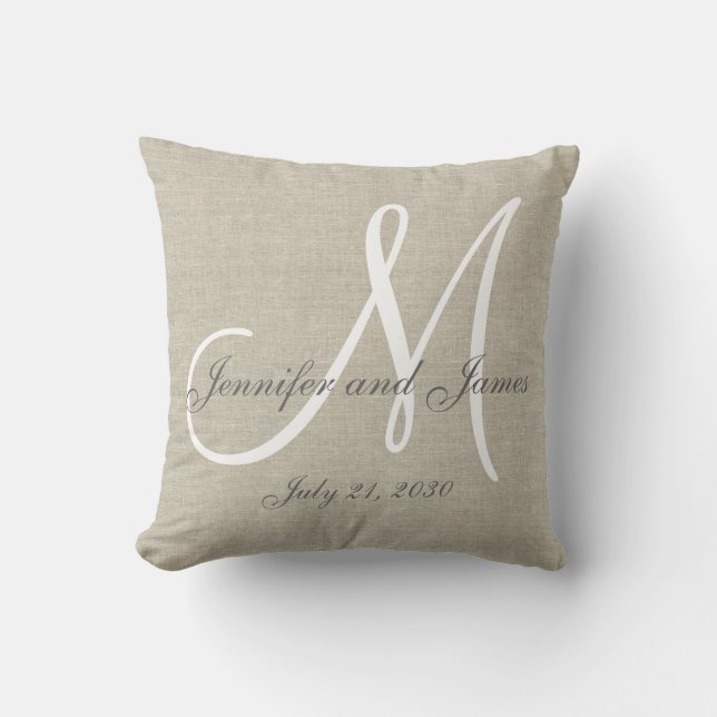 Beige Linen Grey White Monogram Wedding Keepsake Cushion (Front)