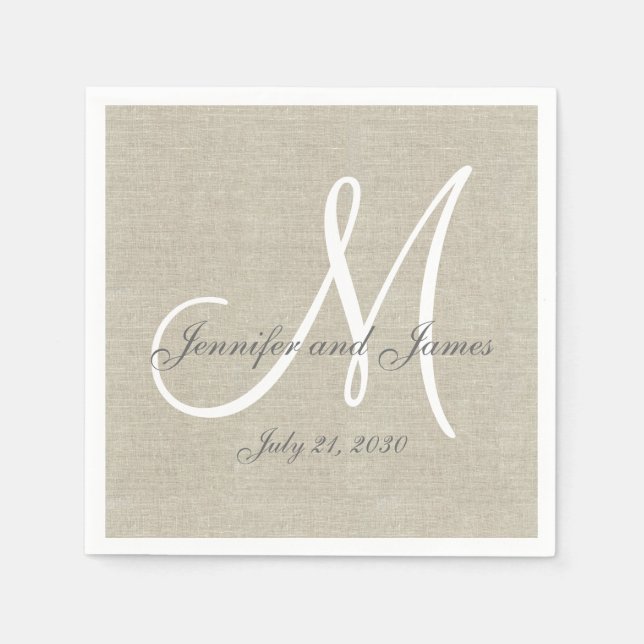 Beige Linen Grey White Monogram Wedding Keepsake Napkin (Front)