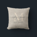 Beige Linen Ivory Monogram Script Wedding Keepsake Cushion<br><div class="desc">Elegant wedding keepsake beige woven linen effect pillow with text in off-black chic handwritten script calligraphy and stylish modern typography. Simply add your names, monogram and wedding date. Great luxury gift for the newlywed couple. Exclusively designed for you by Happy Dolphin Studio. If you need any help or matching products,...</div>