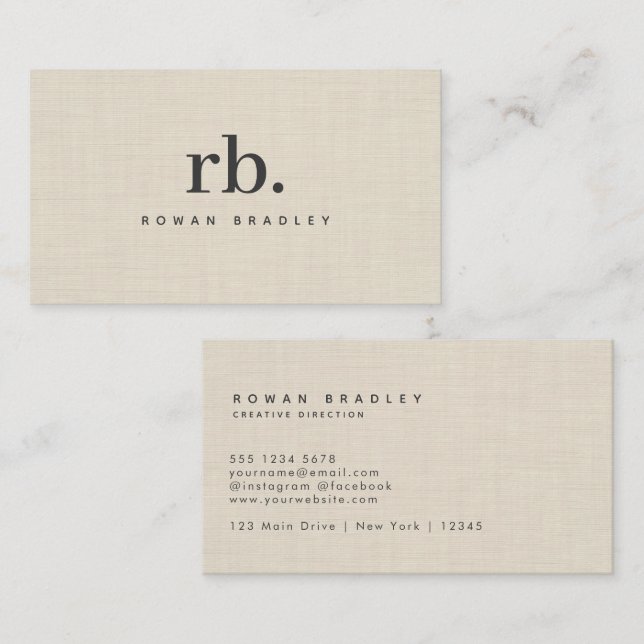 Beige Linen Minimal Monogram Clean Professional Business Card (Front/Back)