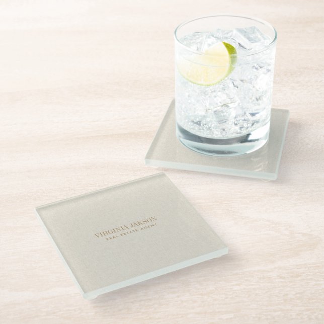 Beige Linen Monogram Glass Coaster (Angled)