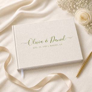 Beige Linen Sage Script Chic Minimalist Wedding Guest Book