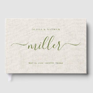 Beige Linen Sage Script Chic Minimalist Wedding Guest Book