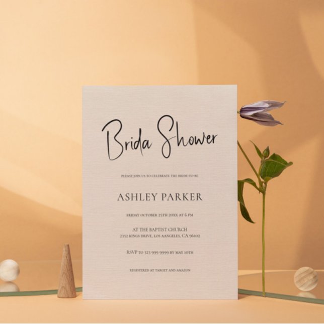 Beige Linen Simple Black Script Bridal Shower Invitation (Creator Uploaded)