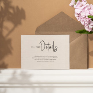 Beige linen Simple Black Script Wedding Details Invitation